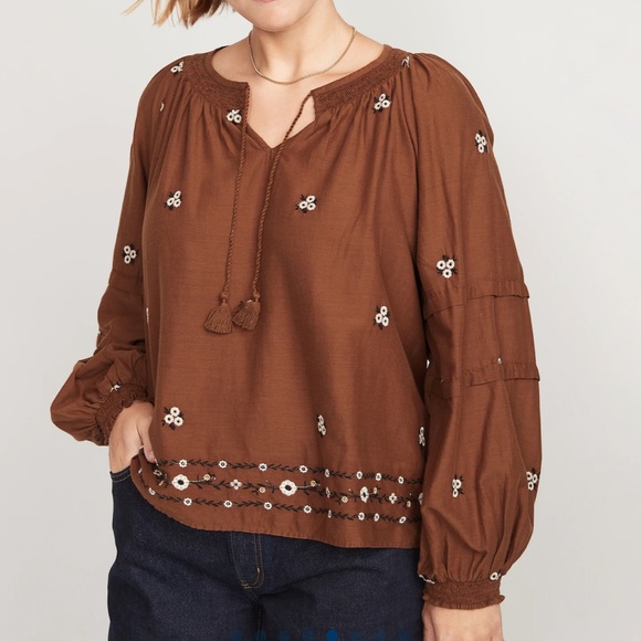 Floral-Embroidered Smocked Tie-Neck - Picture 5 of 7